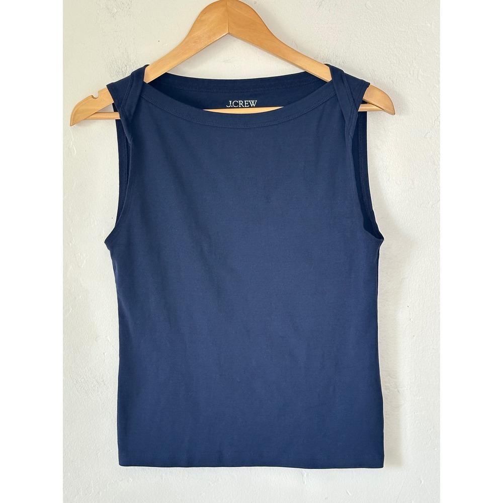 J.Crew Perfect Fit Boatneck Tank Top Size Medium Navy Blue Cotton Preppy Basic
